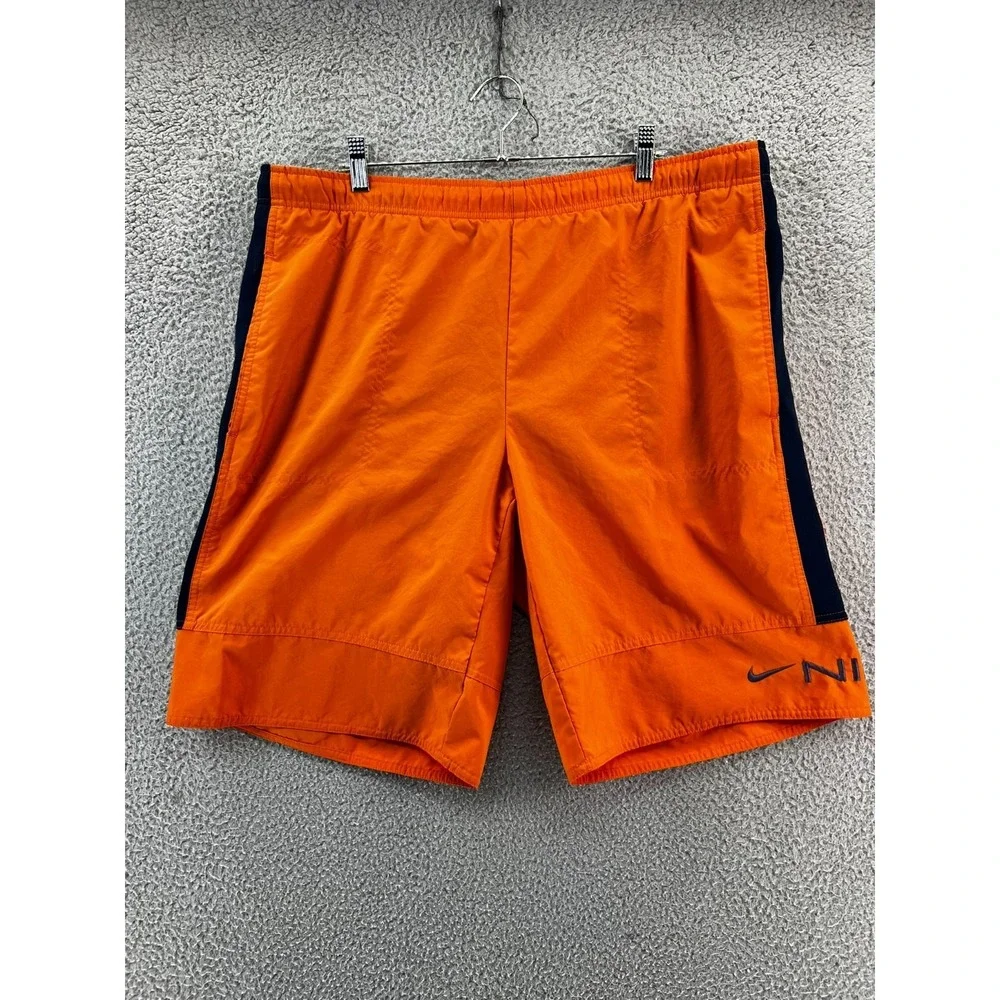 Vintage 90s Nike Shorts Mens Large Orange Blue Spell Out Swim Trunks Gym